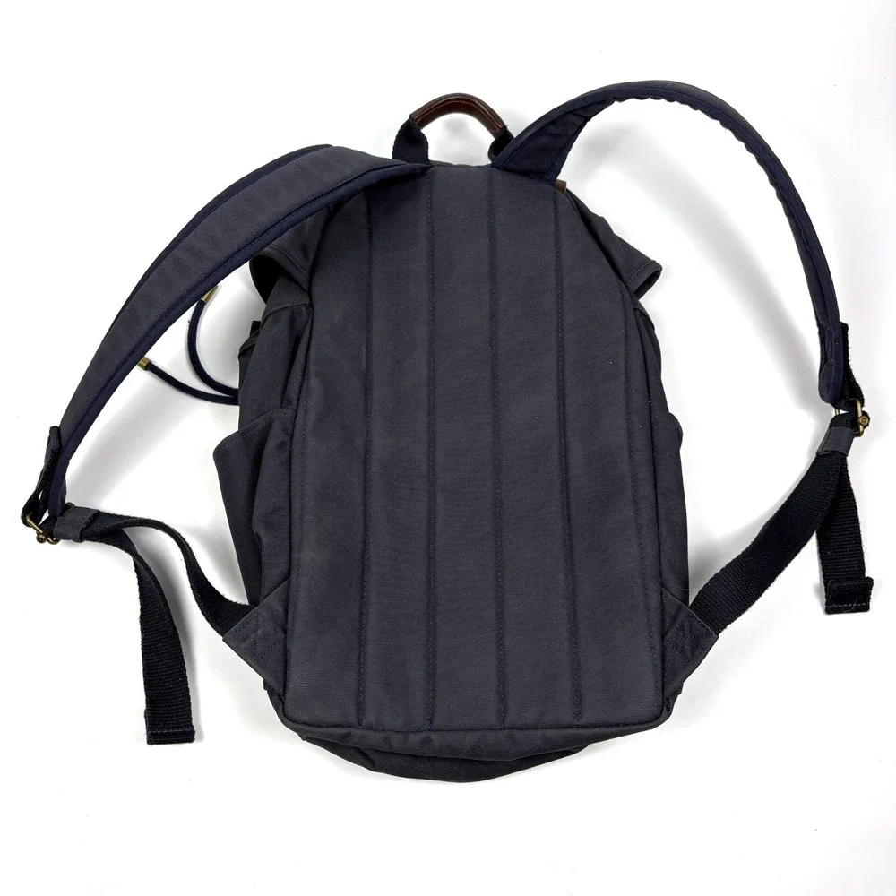 Lands End Waxed Canvas Backpack Navy Blue Leather Straps Padded Outdoors Daypack